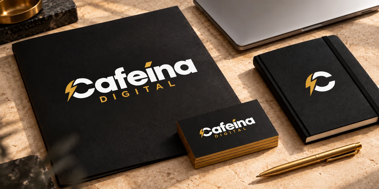 Aplicação conceitual da identidade Cafeína Digital em papelaria